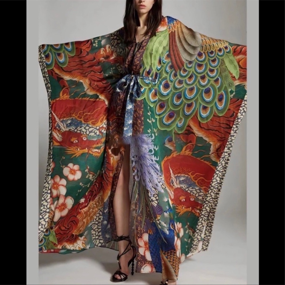 Jewel Peacock Feather Bohemian Gypsy Kimono With Sash Tie, Feather Print - Picture 3 of 7